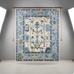 Hand-Knotted Blue Oushak Wool Rug - Traditional Turkish Design, Living Room Decor, Custom Sizes - thumbnail 4