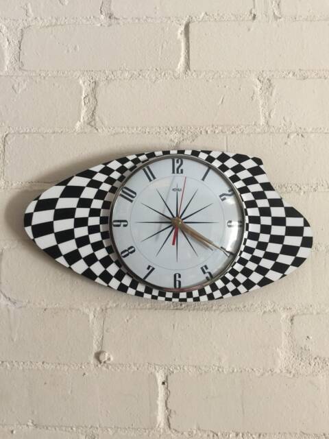 Handmade Black & White Formica Wall Clock From Royale - Midcentury French Atomic Retro Style With 1950's Design Starburst Face - image 1