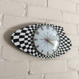 Handmade Black & White Formica Wall Clock From Royale - Midcentury French Atomic Retro Style With 1950's Design Starburst Face - thumbnail 2