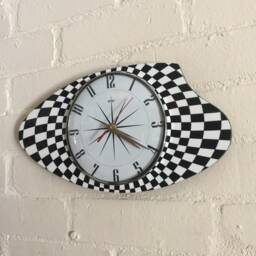 Handmade Black & White Formica Wall Clock From Royale - Midcentury French Atomic Retro Style With 1950's Design Starburst Face - thumbnail 3