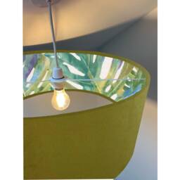 Olive Green Velvet Drum Lampshade, Double Sided Lampshade With Palm Leaves Cotton Interior, Ceiling Light Shade - thumbnail 3