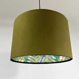 Olive Green Velvet Drum Lampshade, Double Sided Lampshade With Palm Leaves Cotton Interior, Ceiling Light Shade - thumbnail 1