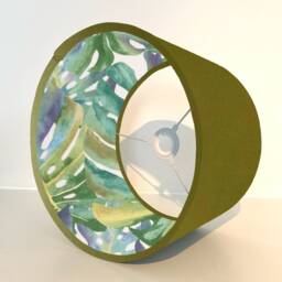 Olive Green Velvet Drum Lampshade, Double Sided Lampshade With Palm Leaves Cotton Interior, Ceiling Light Shade - thumbnail 2