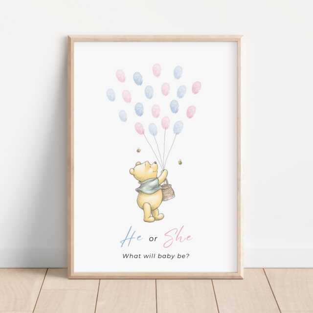 Winnie The Pooh Gender Reveal Print - He Or She Fingerprint Tree Alternative Guestbook New Baby Keepsake Shower Game - Print Only