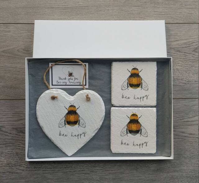 Bee Happy Slate Wall Hanging With Coasters Handmade Decor Gift Set - image 1
