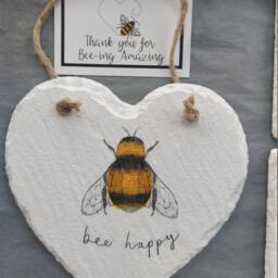Bee Happy Slate Wall Hanging With Coasters Handmade Decor Gift Set - thumbnail 3