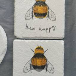 Bee Happy Slate Wall Hanging With Coasters Handmade Decor Gift Set - thumbnail 2