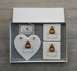 Bee Happy Slate Wall Hanging With Coasters Handmade Decor Gift Set