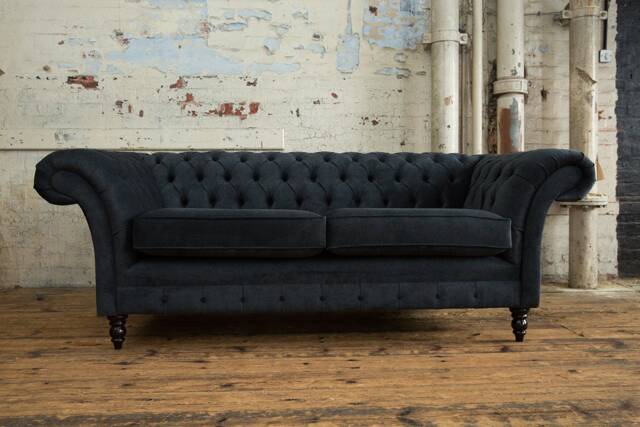 British Handmade 3 Seater Charcoal Grey Textured Velvet Fabric Chesterfield Sofa - image 1