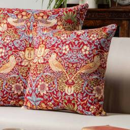 William Morris Strawberry Thief Tapestry Extra-Large Cushion in Red. Vintage Arts & Crafts Style With Birds, Berries & Leaves. 23X23 - thumbnail 3