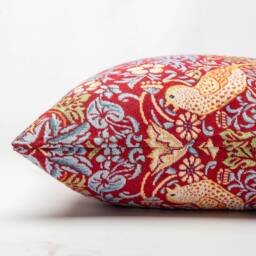 William Morris Strawberry Thief Tapestry Extra-Large Cushion in Red. Vintage Arts & Crafts Style With Birds, Berries & Leaves. 23X23 - thumbnail 2
