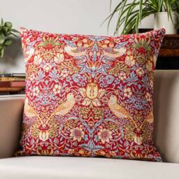 William Morris Strawberry Thief Tapestry Extra-Large Cushion in Red. Vintage Arts & Crafts Style With Birds, Berries & Leaves. 23X23