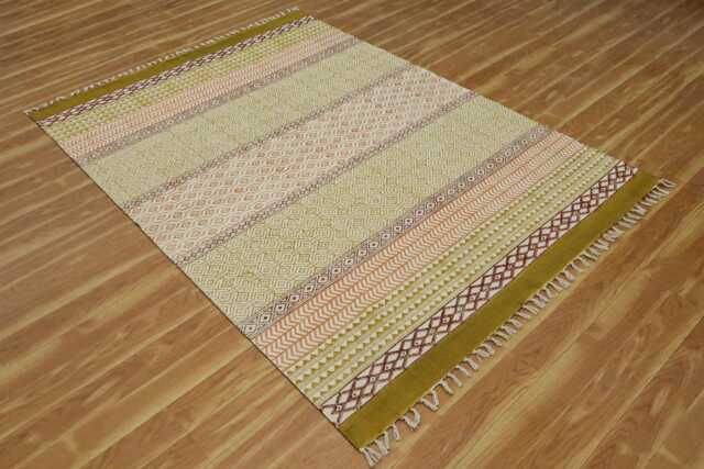 Olive Green Block Print Cotton Rug - Farmhouse Kilim Style - image 1