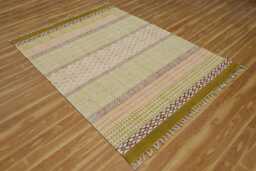 Olive Green Block Print Cotton Rug - Farmhouse Kilim Style - thumbnail 1