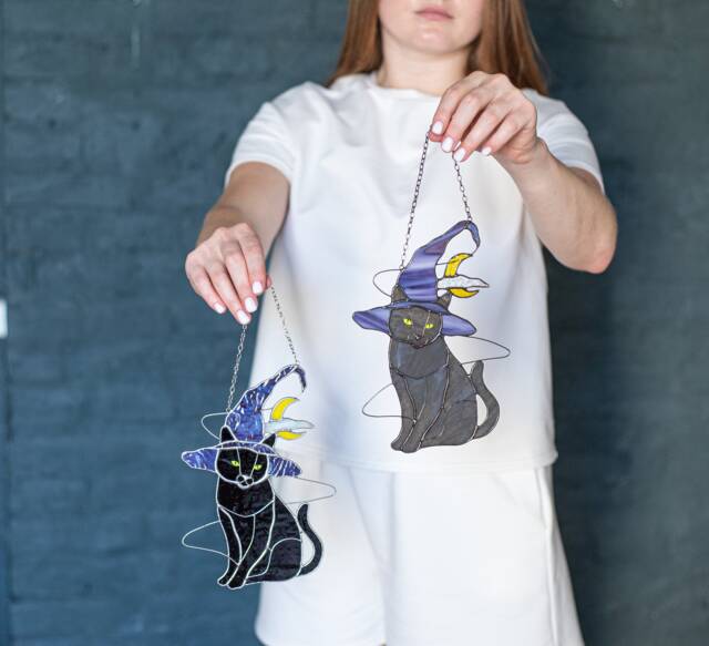 Mystical Cat Witch Hat Stained Glass Suncather. Halloween Gray Decor, Wall Sun Catcher Moon - image 1