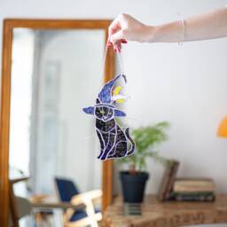 Mystical Cat Witch Hat Stained Glass Suncather. Halloween Gray Decor, Wall Sun Catcher Moon - thumbnail 4