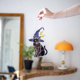 Mystical Cat Witch Hat Stained Glass Suncather. Halloween Gray Decor, Wall Sun Catcher Moon - thumbnail 2