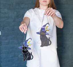 Mystical Cat Witch Hat Stained Glass Suncather. Halloween Gray Decor, Wall Sun Catcher Moon