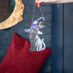 Mystical Cat Witch Hat Stained Glass Suncather. Halloween Gray Decor, Wall Sun Catcher Moon - thumbnail 3