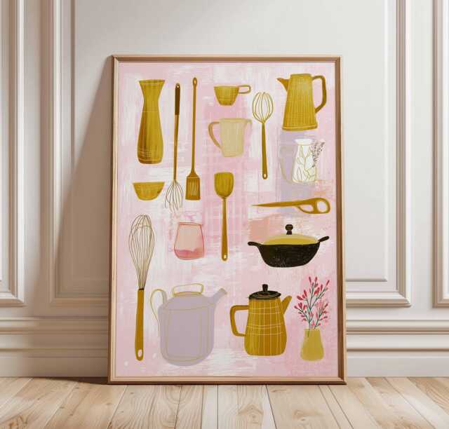 Mid Century Kitchen Utensil Poster, Retro Cooking Wall Art, Vintage Pink Print, Scandinavian Style Decor Illustration