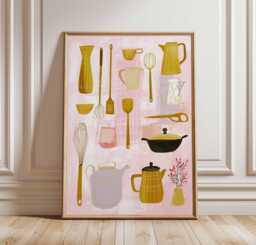 Mid Century Kitchen Utensil Poster, Retro Cooking Wall Art, Vintage Pink Print, Scandinavian Style Decor Illustration - thumbnail 1