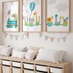 Set Of 3 Safari Nursery Prints, Train Wall Art, Personalised, Rainbow Boys Bedroom Decor, Playroom Toddler Bedroom, Trains - thumbnail 2