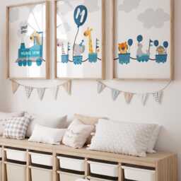 Set Of 3 Safari Nursery Prints, Train Wall Art, Personalised, Rainbow Boys Bedroom Decor, Playroom Toddler Bedroom, Trains - thumbnail 3