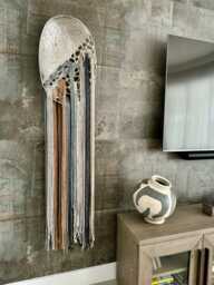 Brushed Aluminum Oval Macrame Wall Hanging Contemporary Fiber Art - thumbnail 1