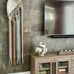 Brushed Aluminum Oval Macrame Wall Hanging Contemporary Fiber Art - thumbnail 4