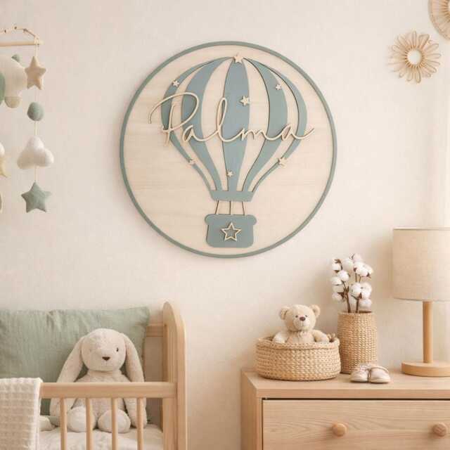 Personalised Hot Air Balloon Name Sign - Nursery Wall Decor Custom Baby Plaque Wooden Round Hanging Shower Gift Boho - image 1