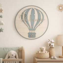 Personalised Hot Air Balloon Name Sign - Nursery Wall Decor Custom Baby Plaque Wooden Round Hanging Shower Gift Boho - thumbnail 2