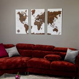 Large World Map Wall Art, Wood Push Pin, 3 Piece Art Apartment Decor 5Th Anniversary Gift, Above Bed Wooden - thumbnail 3