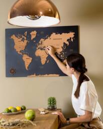Large World Map Wall Art, Wood Push Pin, 3 Piece Art Apartment Decor 5Th Anniversary Gift, Above Bed Wooden - thumbnail 1