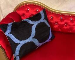 Black Blue Ikat Pillow Cover - Velvet Silk Lumbar Uzbek Ogee Pattern - thumbnail 1