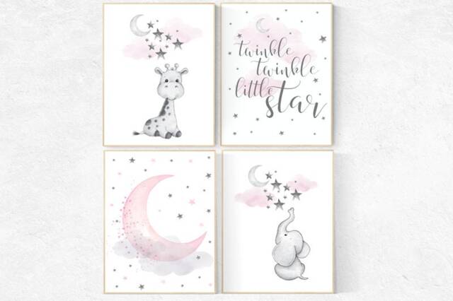 Pink Elephant Nursery Prints Moon, Stars, Giraffe Wall Art - image 1