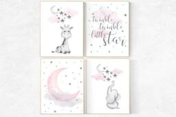 Pink Elephant Nursery Prints Moon, Stars, Giraffe Wall Art - thumbnail 1