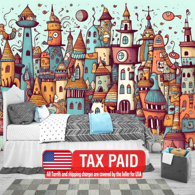 Kawaii Doodle City Wallpaper Mural, Kids Room Decor, Peel & Stick - image 1