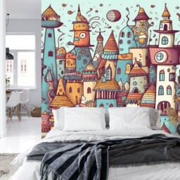 Kawaii Doodle City Wallpaper Mural, Kids Room Decor, Peel & Stick - thumbnail 2