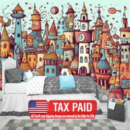 Kawaii Doodle City Wallpaper Mural, Kids Room Decor, Peel & Stick - thumbnail 1