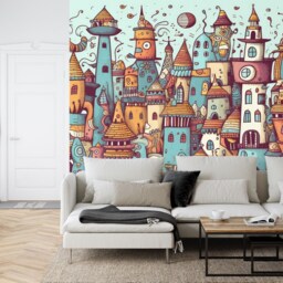 Kawaii Doodle City Wallpaper Mural, Kids Room Decor, Peel & Stick - thumbnail 3
