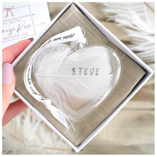 White Feather Gift Boxed Christmas Tree Memory Heart Name Bauble/Personalized Glass Hanging Decoration Handmade Memorial Keepsake - image 1