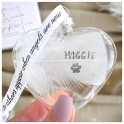 White Feather Gift Boxed Christmas Tree Memory Heart Name Bauble/Personalized Glass Hanging Decoration Handmade Memorial Keepsake - thumbnail 2