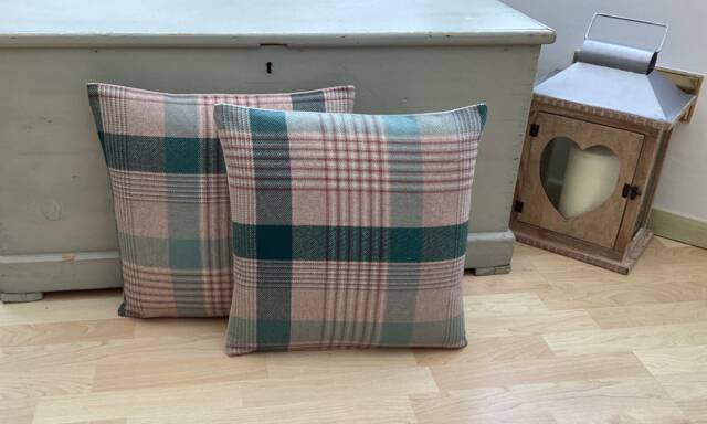 Handmade Pair Katrine Wool Effect Tartan Tweed Teal Beige Wool Effect, Feather Filled Throw Pillow Cushion - image 1