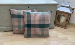 Handmade Pair Katrine Wool Effect Tartan Tweed Teal Beige Wool Effect, Feather Filled Throw Pillow Cushion - thumbnail 1