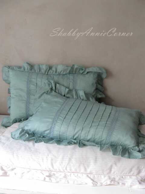Mint Ruffle Rectangular Pillow Handmade French Country Teal Brown Polka Dot Round Shabby Chic Home Decor - image 1