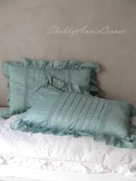 Mint Ruffle Rectangular Pillow Handmade French Country Teal Brown Polka Dot Round Shabby Chic Home Decor - thumbnail 1
