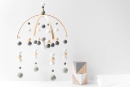 Grey & White Baby Mobile - Gender Neutral Felt Pom Crib Minimalist Wool Ball Nursery Cot Wooden Arch Ceiling - thumbnail 1