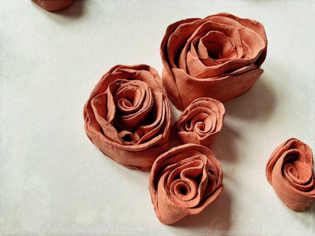 Handmade Small Clay Whimsical Botanical Wall Sculpture 3D Decor Rose Flowers - image 1