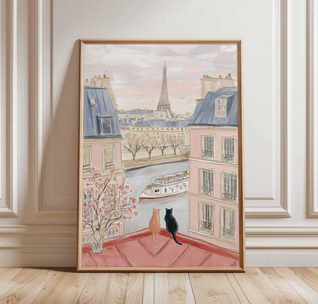 Paris Cat Poster Print, Eiffel Tower Wall Art, Romantic French Balcony View, Seine River & Cats Illustration, Parisian Decor, France Gift - image 1
