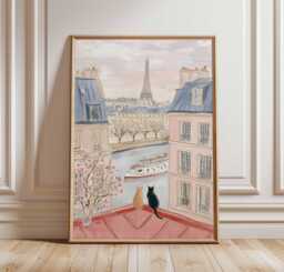 Paris Cat Poster Print, Eiffel Tower Wall Art, Romantic French Balcony View, Seine River & Cats Illustration, Parisian Decor, France Gift - thumbnail 1